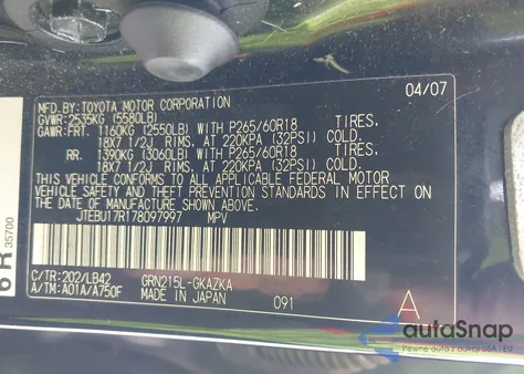 2007 Toyota 4Runner Limited V6 z USA, uszkodzony, nr VIN JTEBU17R178097997